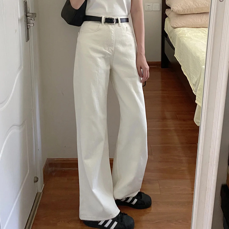 White straight-leg jeans for women's autumn and winter 2025 new style, high-waisted, petite look, fleece loose, narrow wide-leg pants details Picture