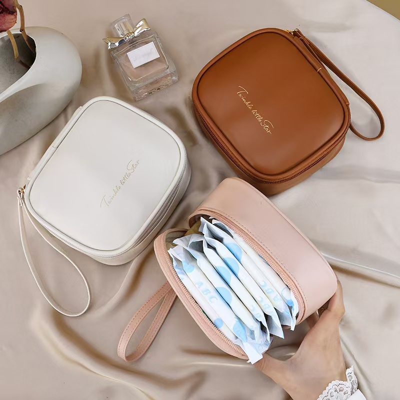 New PU mini portable sanitary napkin storage bag, waterproof hand-held multi-functional cream lipstick makeup bag