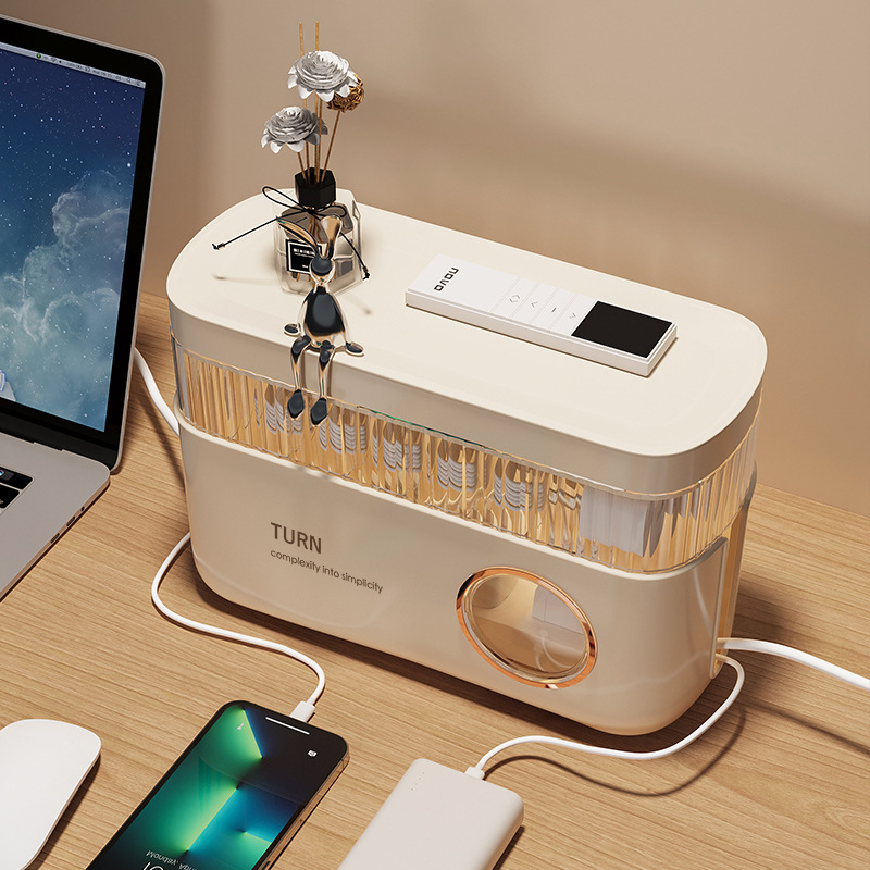 Data cable storage box, power charging cable storage, mobile phone charger plug organization, desktop cable winder, cable management box Specification image