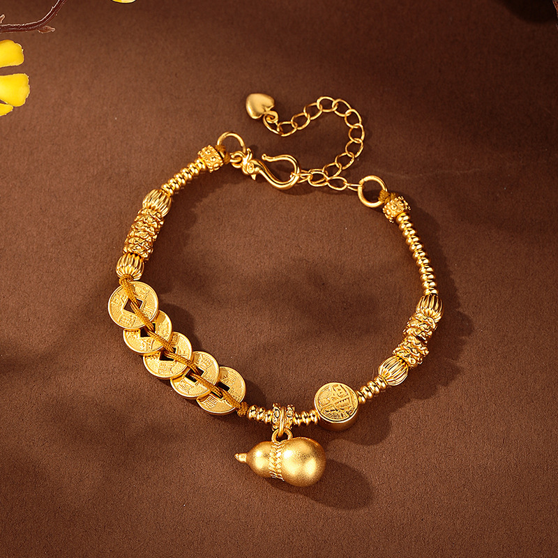 Retro Five Emperors coin sand gold bracelet, new Chinese-style fashionable gourd pendant, coiled light luxury jewelry, handcrafted Chinese style full figure