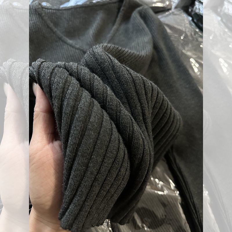 韩系灰色V领针织打底衫女内搭秋冬新款加厚软糯收腰显瘦长袖上衣细节图