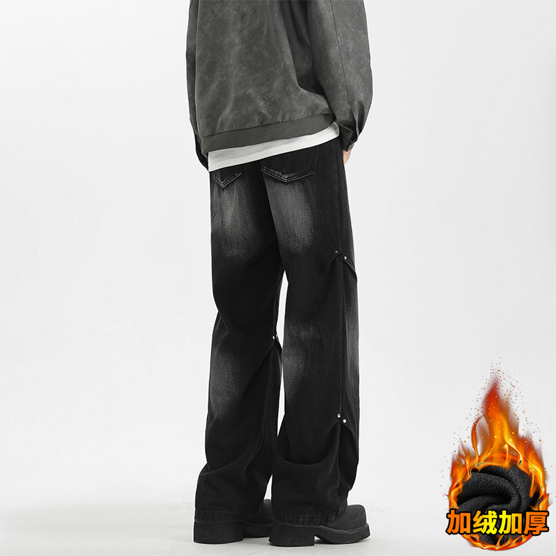 Retro straight-leg jeans, American high street men's winter trendy brand loose wide-leg fleece versatile loose long pants Application Scenario