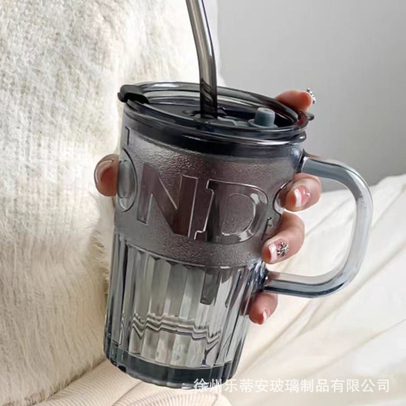 高颜值玻璃杯带盖子吸管便携杯子女喝水杯大容量把手杯高级感杯子