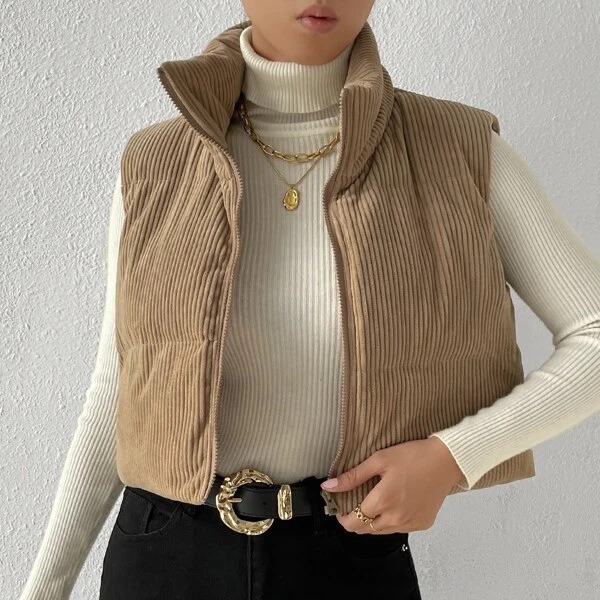 European and American autumn and winter zipper vest women's corduroy short outerwear autumn and winter new autumn and winter new retro vest women's thickened cotton-padded jacket