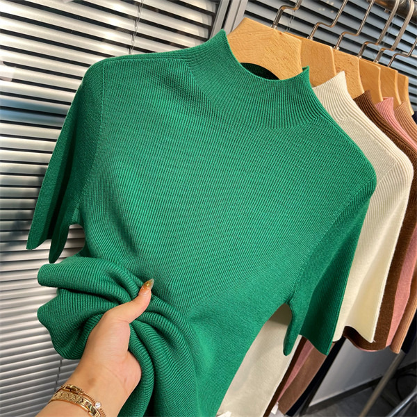 Spring and autumn thin semi-high neck base layer, women's half-sleeved knitted sweater, new five-quarter sleeve slim and stylish mid-sleeved inner layer top Application Scenario