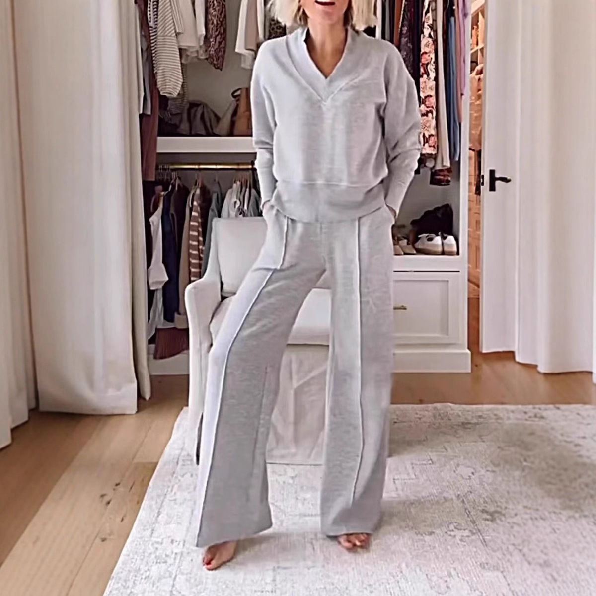 Amazon Cross-border new V-neck long-sleeved loose solid color women's fashion casual pants set for Autumn/Winter 2025 Application Scenario