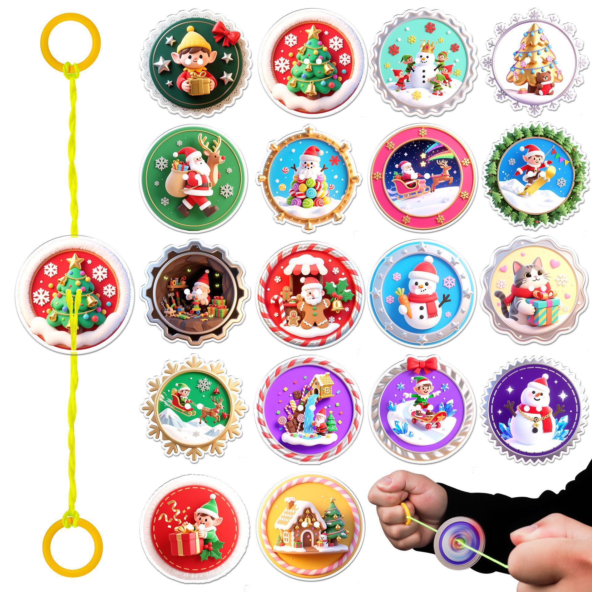 跨境热销创意圣诞节拉线飞轮圆形旋转拉哨飞盘怀旧手拉飞碟童年玩