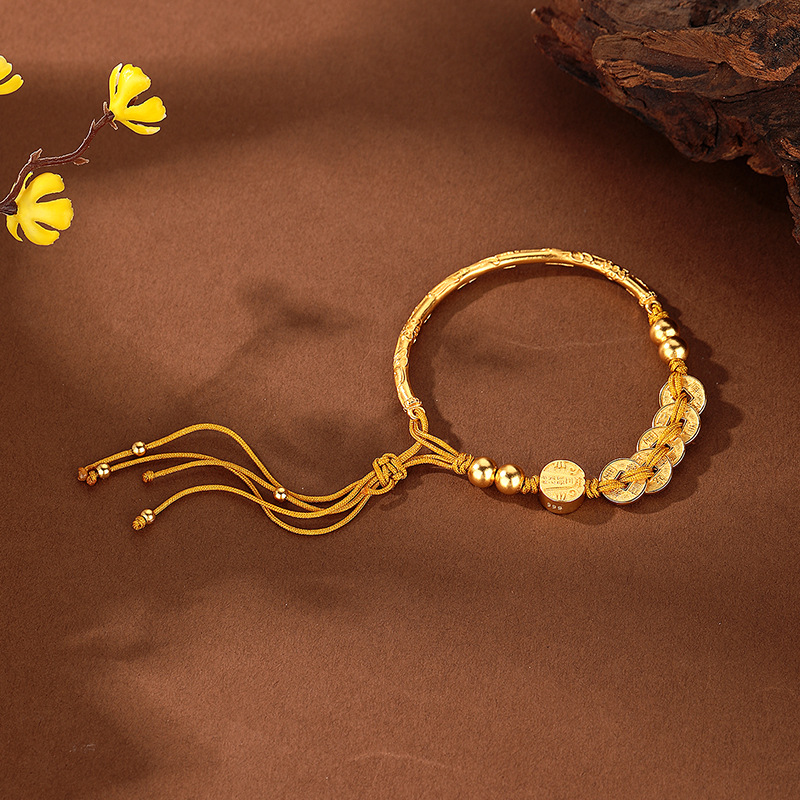 The same style as the gold store's sand gold Five Emperors Coin Five Road God of Wealth half-bracelet woven bracelet, new Chinese-style coiled retro woven rope bracelet Application Scenario