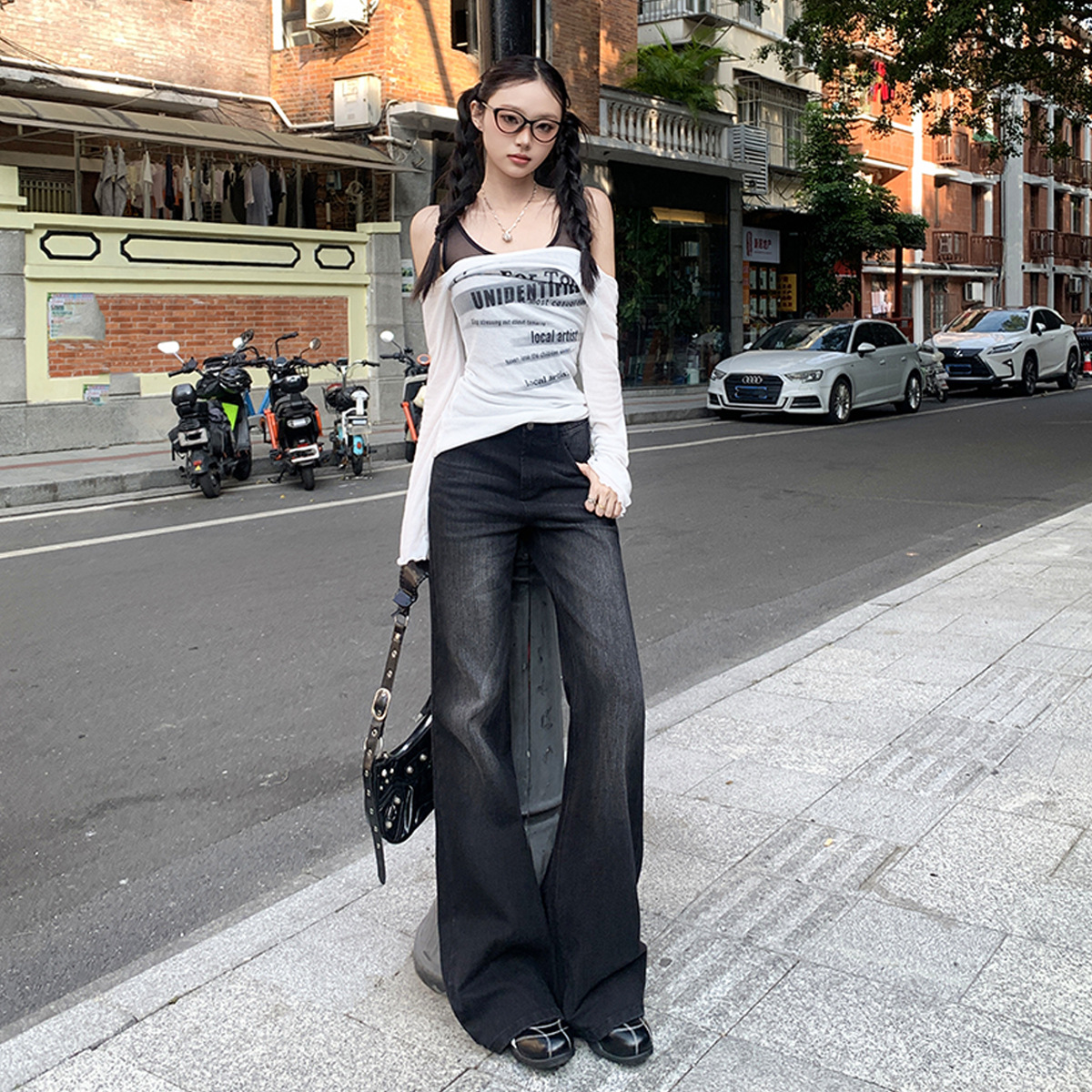 【今茵】2色/美式微喇牛仔长裤修身显瘦口袋猫须复古水洗秋冬新款