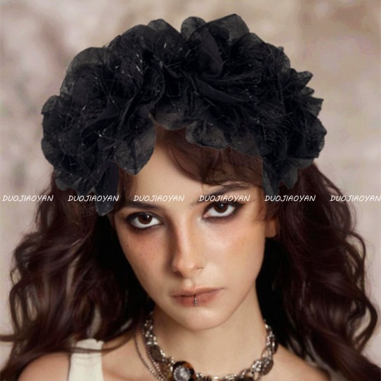 New European and American mesh rose headband, colorful Christmas carnival party headwear, fashionable large flower bride's hair accessory Specification drawing