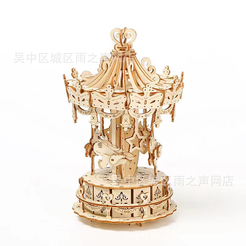 Wooden diy assembly toys, train 3D puzzles, carousel, Ferris wheel, pumpkin car, ocean sailboat models Item Picture