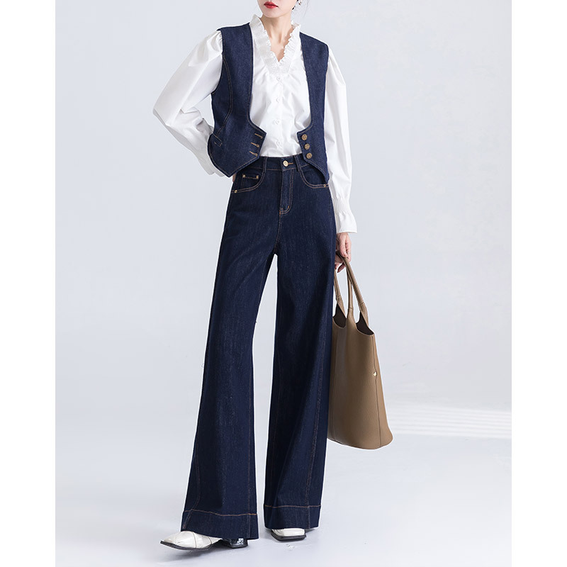 百搭显瘦阔腿牛仔裤女新款高腰微喇叭时髦丹宁牛仔马甲女微弹设计
