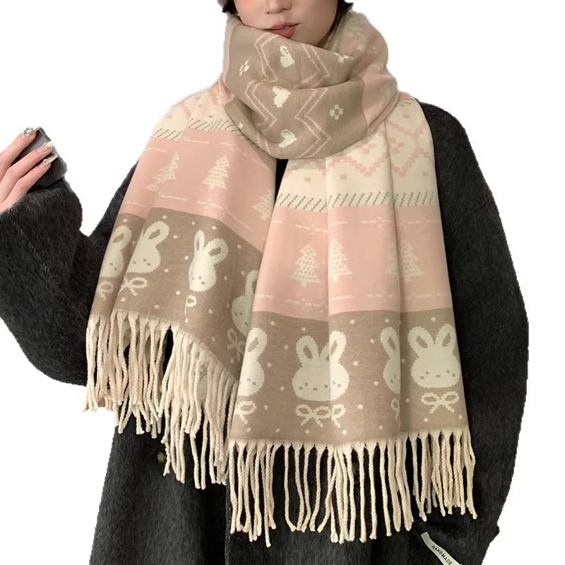 The new double-sided cartoon little rabbit scarf with tassels is super soft, cute and fresh. It's a winter scarf for students to keep warm Item Picture