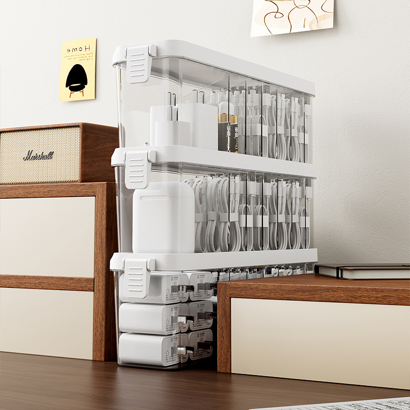 Data cable storage box, desktop charger, mobile phone power cord organizing wonder, acrylic dust-proof cable organizer with cover Application Scenario