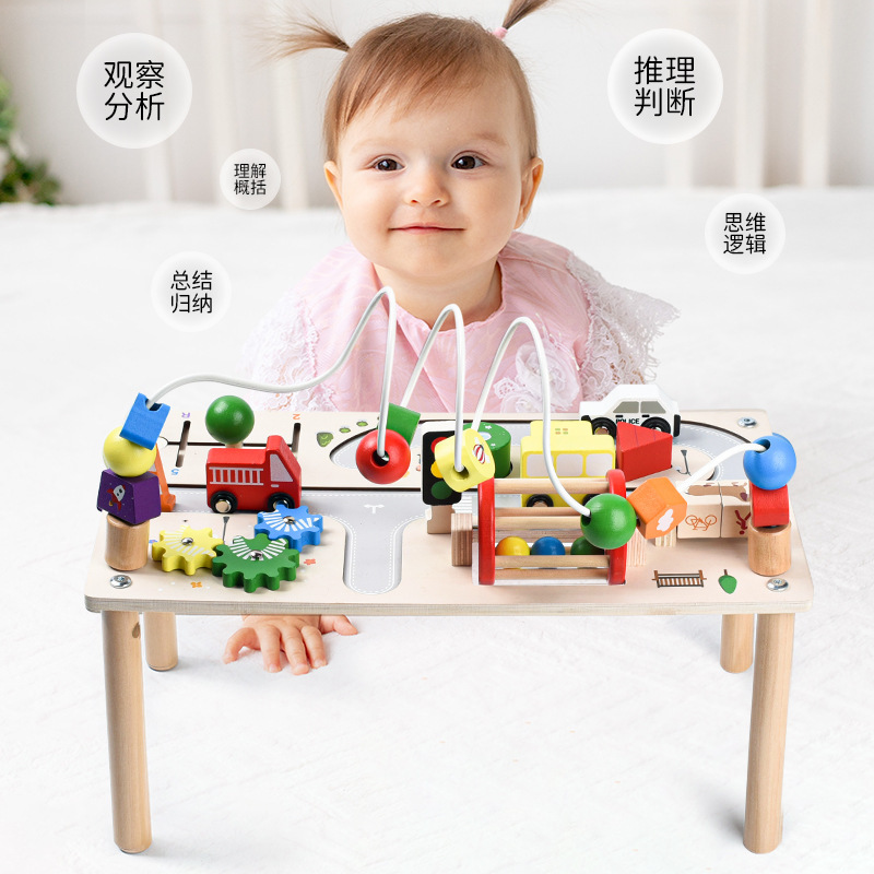 Cross-border wooden multi-functional busy table, children's educational train track beaded enlightenment toy desktop busy board details Picture