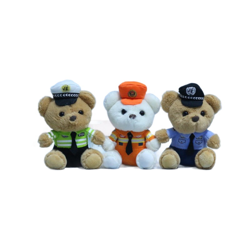 可爱萌交警小熊挂件毛绒玩具警察消防公仔包包挂饰玩偶钥匙扣娃娃白底实物图