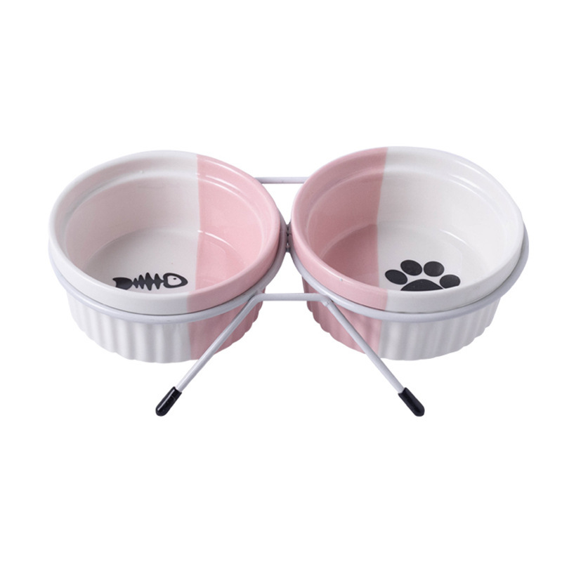 Ceramic double-bowl cat bowl for drinking water, pet cat food, dog and cat food, rice bowl stand, high feet, slanted mouth, neck guard Item Picture