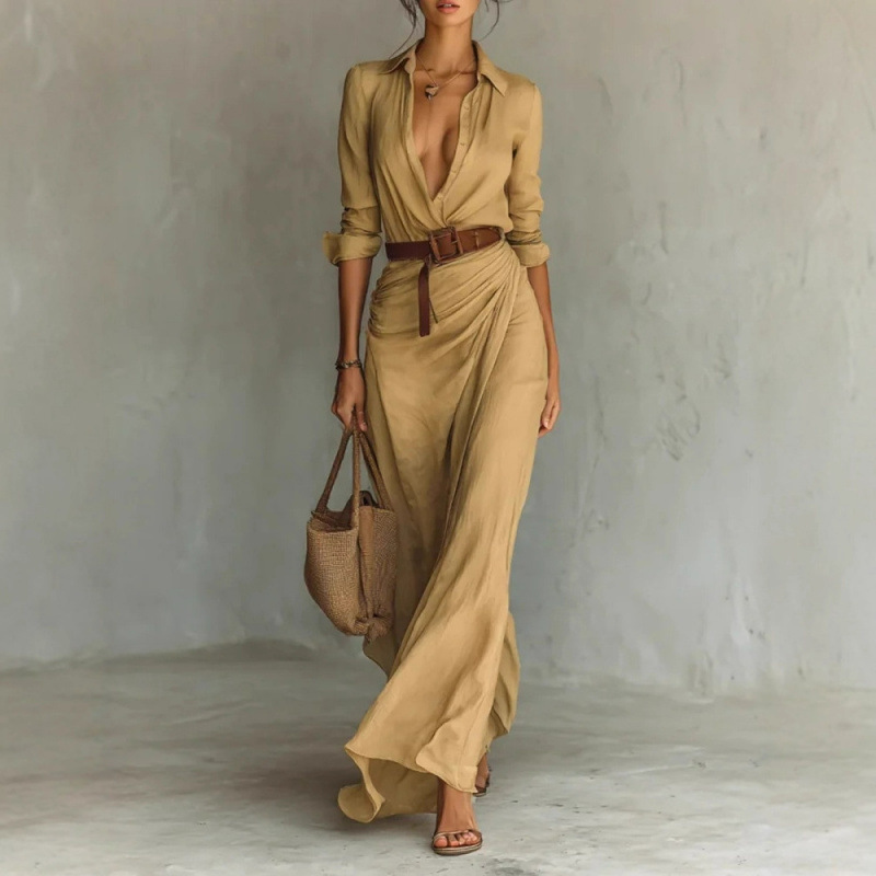 2025 Independent Station European and American women's clothing autumn elegant and sexy solid color irregular pleated belt-fitted dress Specification drawing