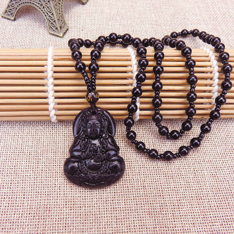 Imitation jade Guanyin Buddha pendant, long Maitreya Buddha sweater chain pendant, women's live-streaming sales fair, street stall gift glass necklace Application Scenario
