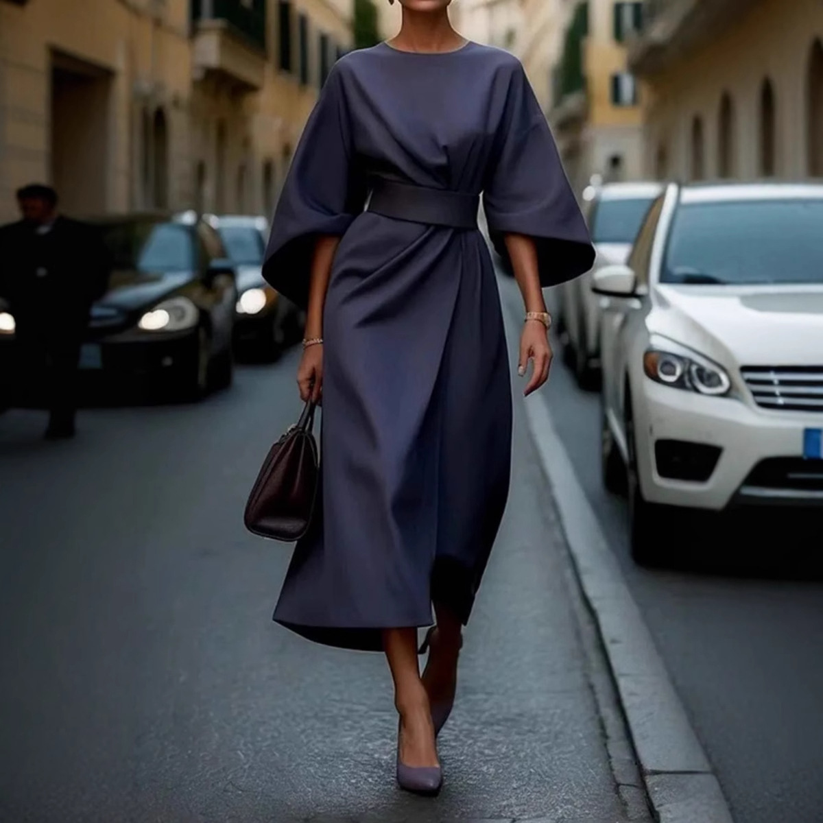 2026 Foreign trade women's clothing, European and American cross-border fashion, elegant and stylish solid color cinched waist dress, casual bat sleeve long dress details Picture