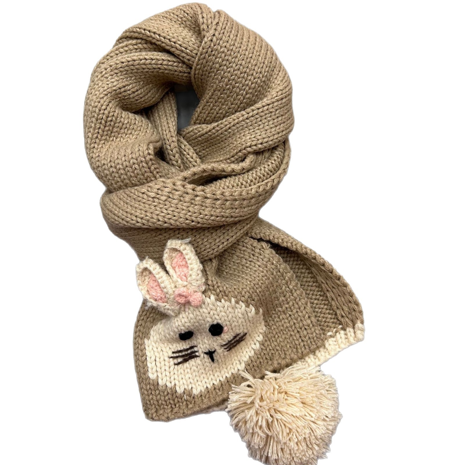 Wholesale of thickened and warm hand-embroidered rabbit pom-pom scarves and scarves made of Korean-style knitted yarn in 2025 Item Picture