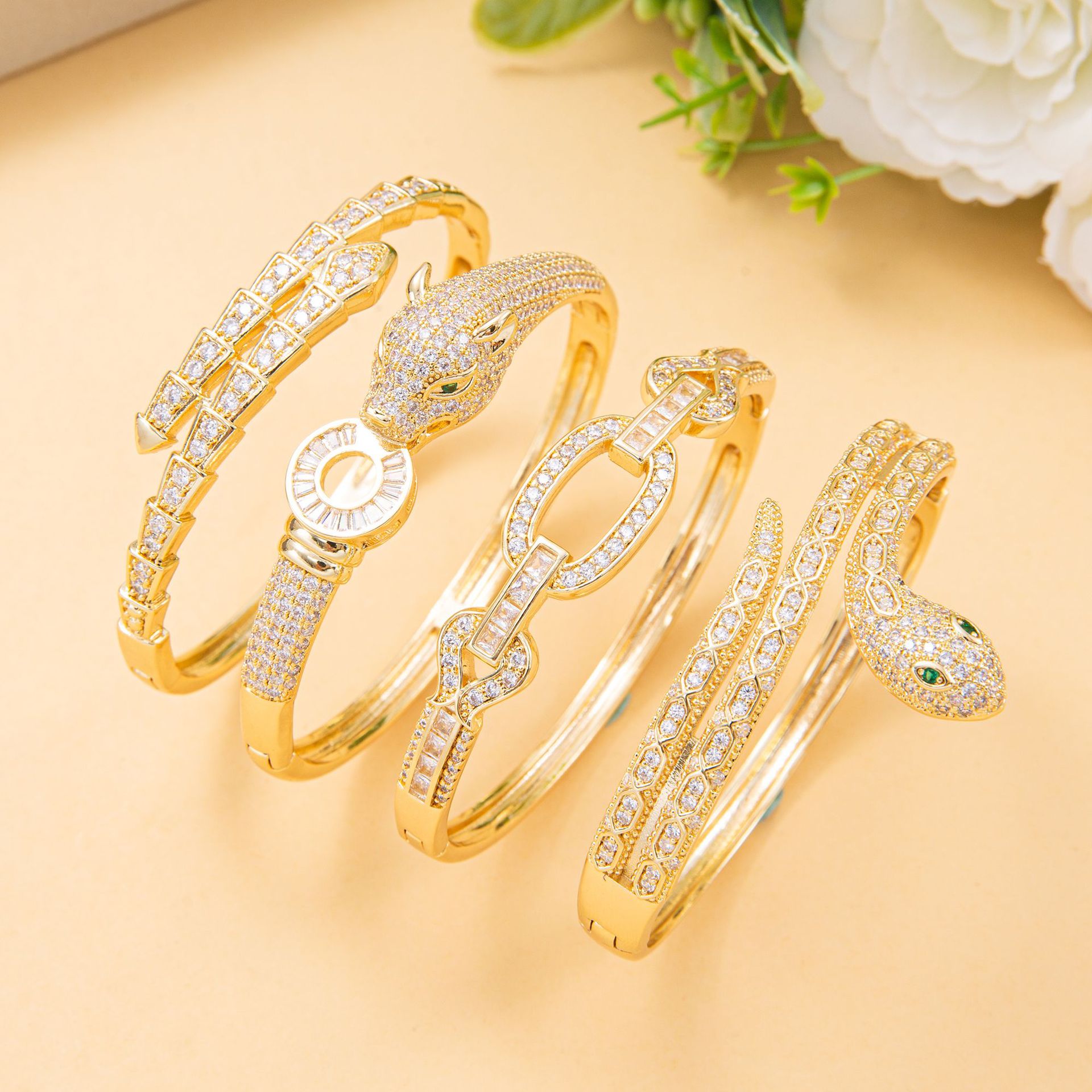 欧美小众设计铜镀真金锆石蛇形手镯高级感原创蛇形镶钻手环手饰