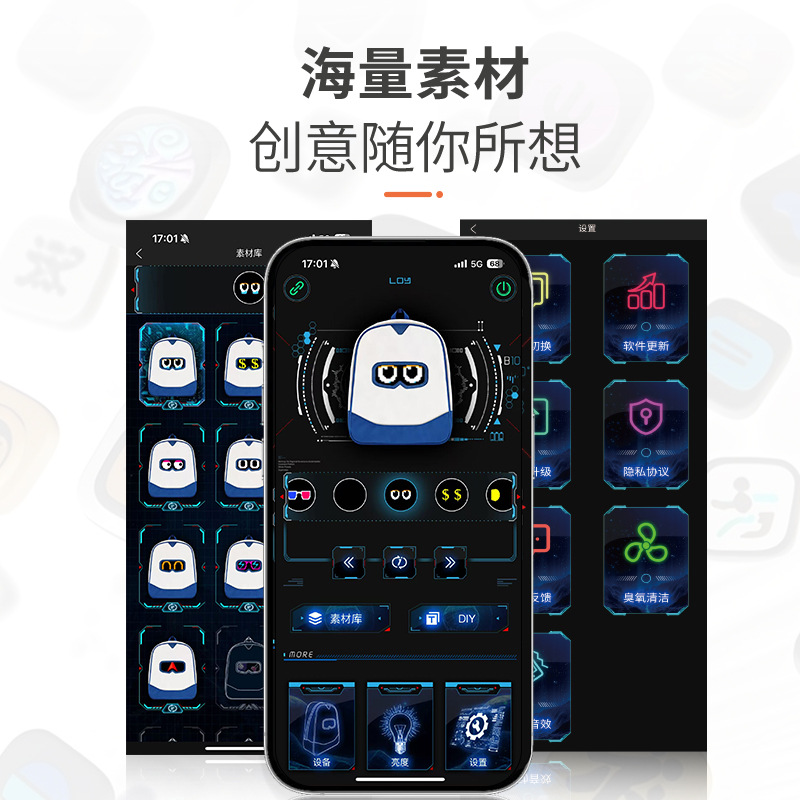 LOY's new ultra-light fabric bag, LED light, lightweight Bluetooth backpack, DIY animation, children and students' casual schoolbag Application Scenario