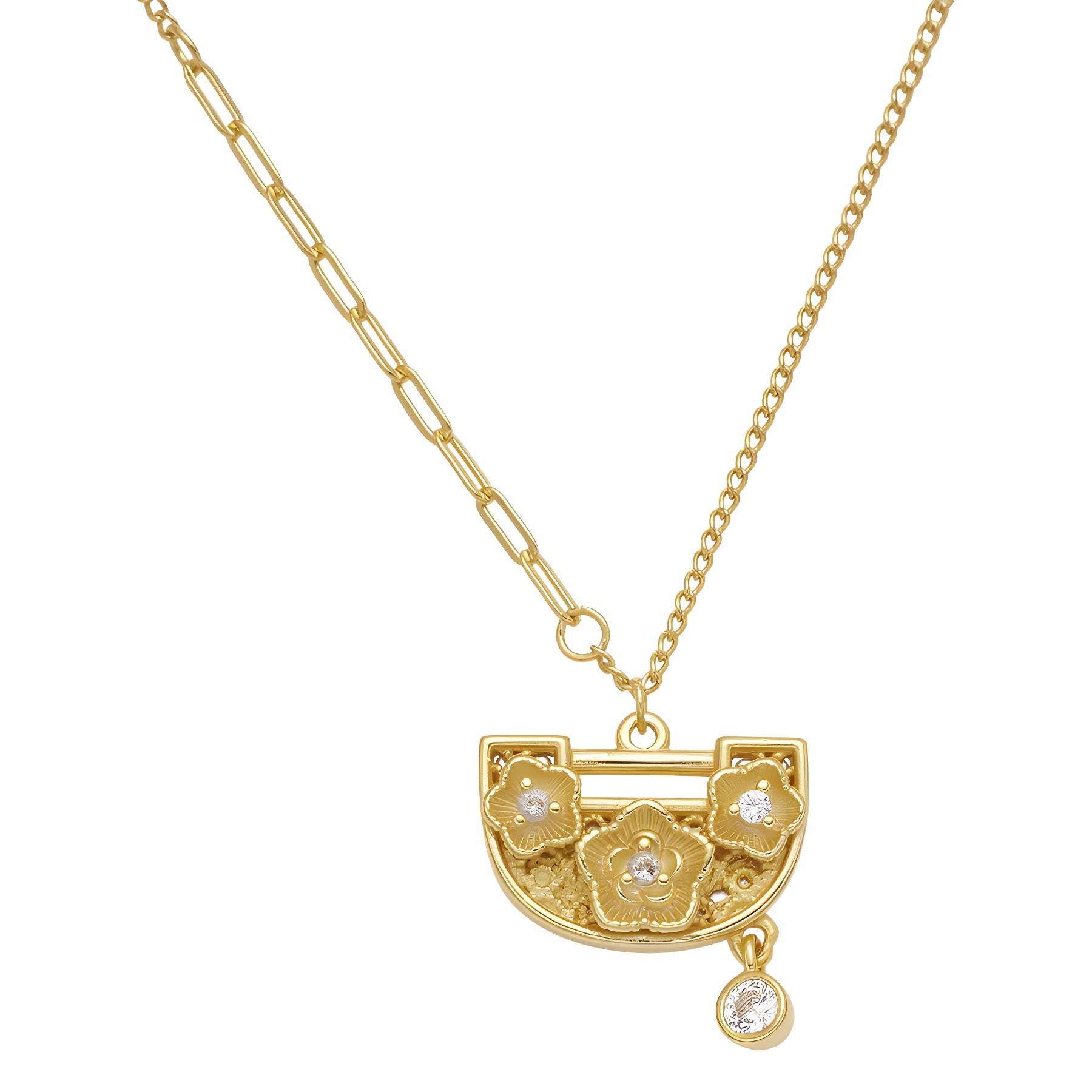 S925 Silver Creative Design National Trend Silver gold-plated ancient Method Peony Small Lock Bag Necklace, Peony flower silk shell lock Pendant Item Picture