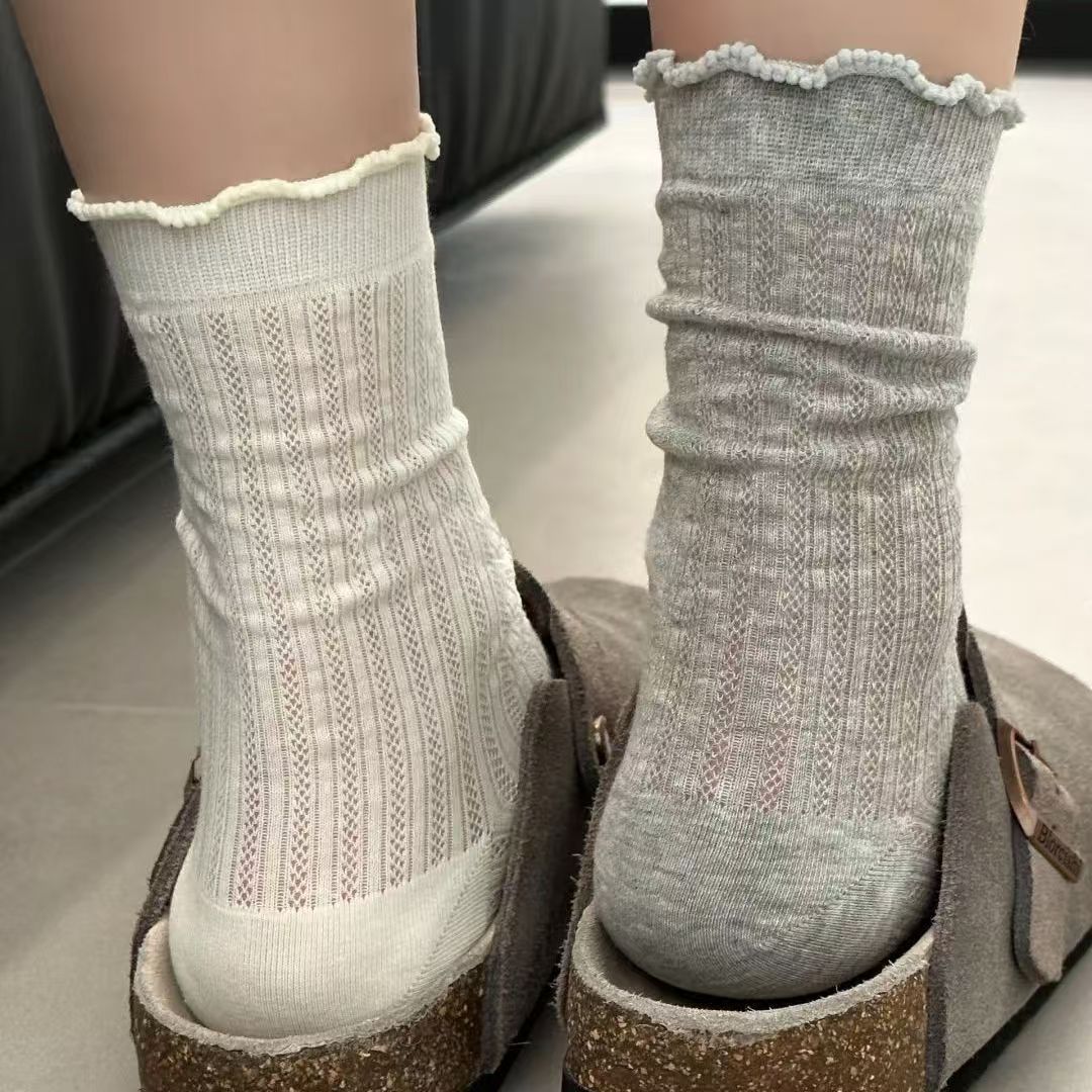Summer thin socks for women, solid color perforated mesh mid-calf socks, white anti-odor breathable lace pile socks for girls Specification image
