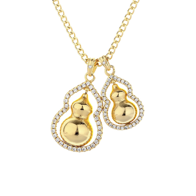The same style of rotatable double gourds stacked pendant, traditional Chinese style sand gold sweater chain gourd pendant necklace Item Picture