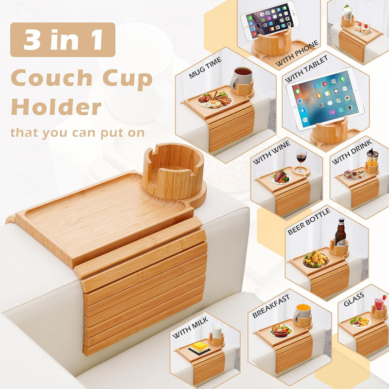 Bamboo sofa cup holder tray set, bamboo and wood anti-slip sofa armrest tray, TV drama and snack tray, sofa table clamp Specification image