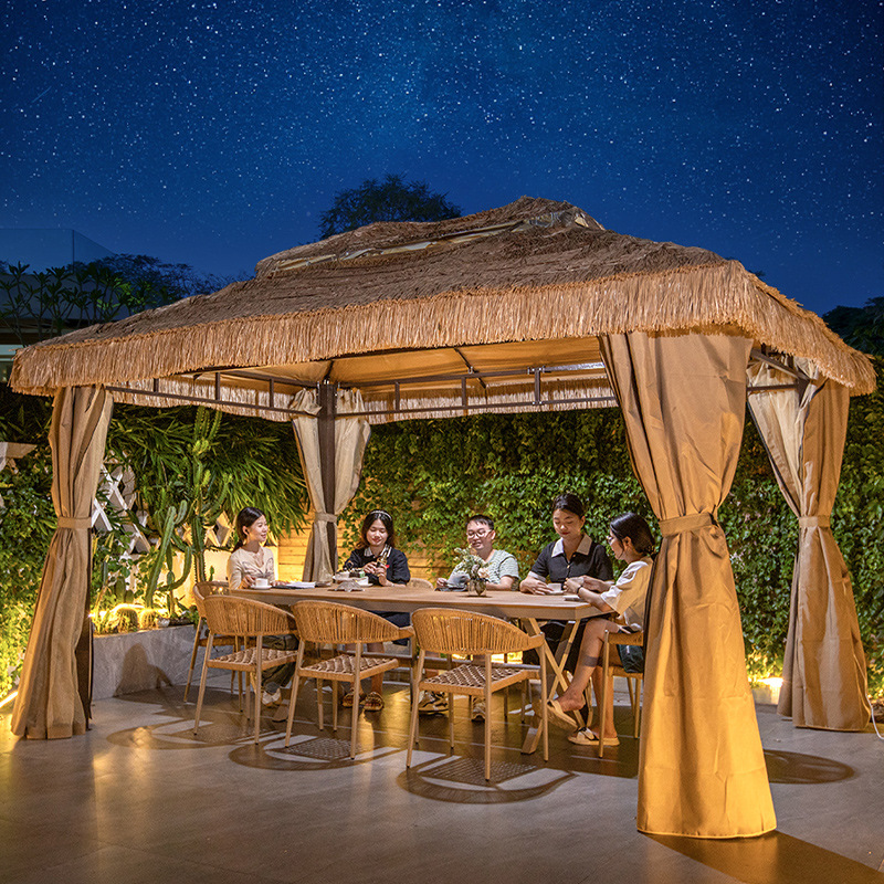 The starry sky thatched roof pavilion, sunroom, outdoor dining scene, and courtyard sunshade canopy are all set up