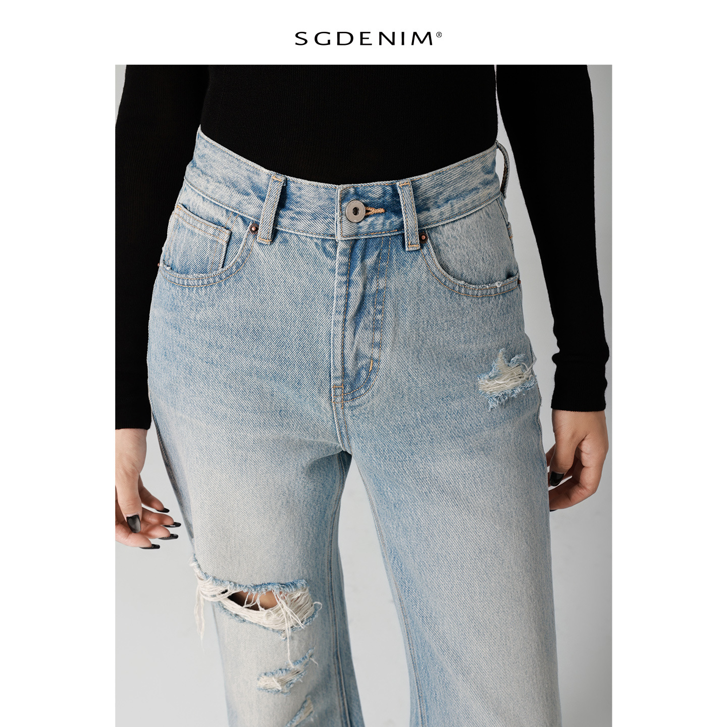 Classic light blue ripped high-waisted flared jeans for women, wide-leg retro flared pants, 25 early autumn new style, slimming Application Scenario