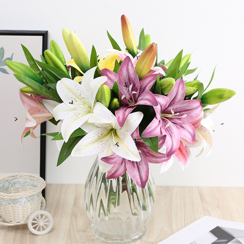 Dove artificial short-branch artificial lilies for home decoration: 2 small lilies and 1 bud. Artificial flowers for the entrance hall Specification drawing