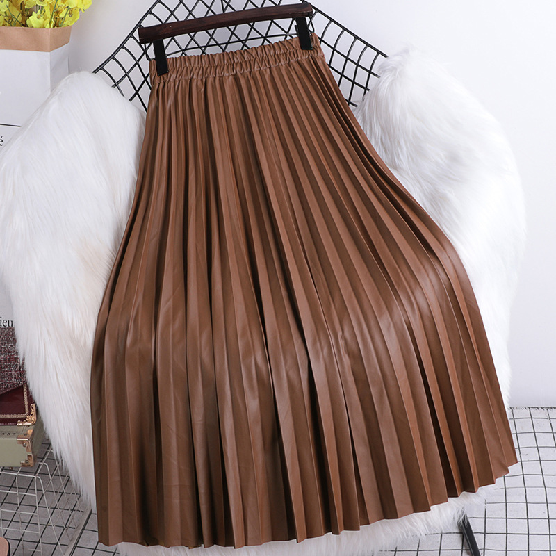 Pleated extended leather skirt 2021 Autumn/Winter new Korean style slimming loose tight high-waisted A-line pleated PU leather skirt for women