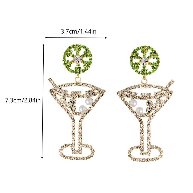European and American cross-border carnival party earrings, diamond-encrusted pearl wine glass-shaped earrings, design sense, green rhinestone pendants, highball cup earrings, simple and elegant women's wholesale Item Picture