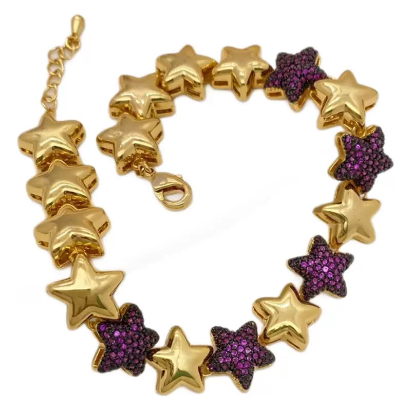 Cross-border colored zircon bracelet, European and American fashion and high-end style copper-plated 18K gold five-pointed star bracelet jewelry Item Picture