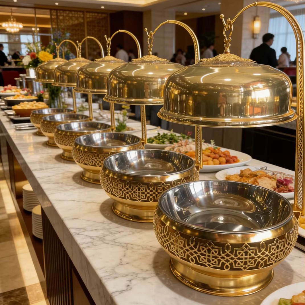 Hotel wedding banquet stainless steel insulated tray, golden buffet insulated tray, exquisite insulated tray for catering