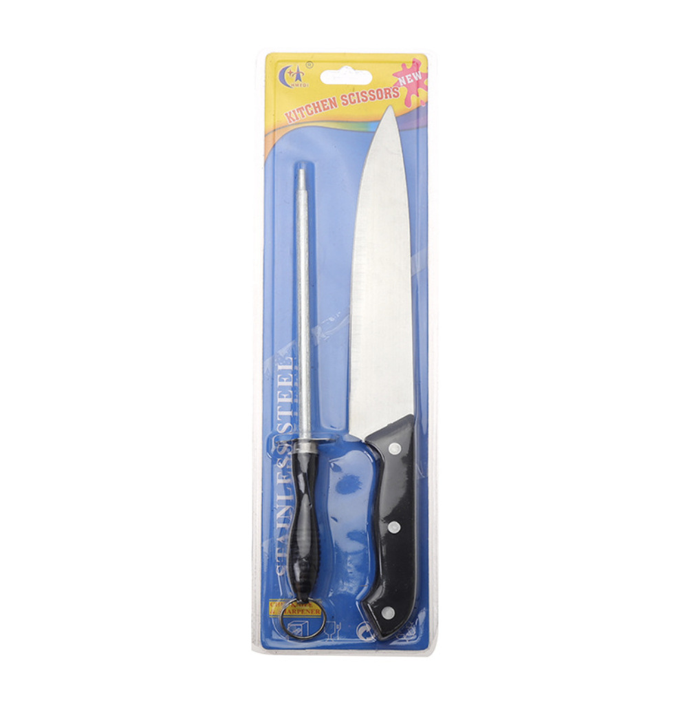 Blue packaging stainless steel kitchen knife set, including black-handled kitchen knives, sharpening sticks and kitchen scissors gift box