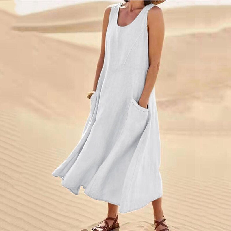 Amazon Independent Store wish2026 Summer European and American foreign trade pocket sleeveless round neck women's cotton and linen dress details Picture
