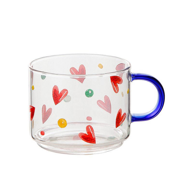 Transparent glass cups with creative heart-shaped milk breakfast cups, office household tea cups, and water cups with handles Item Picture