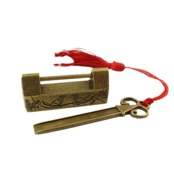 Bird lock, old-fashioned ancient-style lock, antique copper lock, Chinese-style lock, small bronze color mini aged retro lock, horizontal opening padlock Item Picture