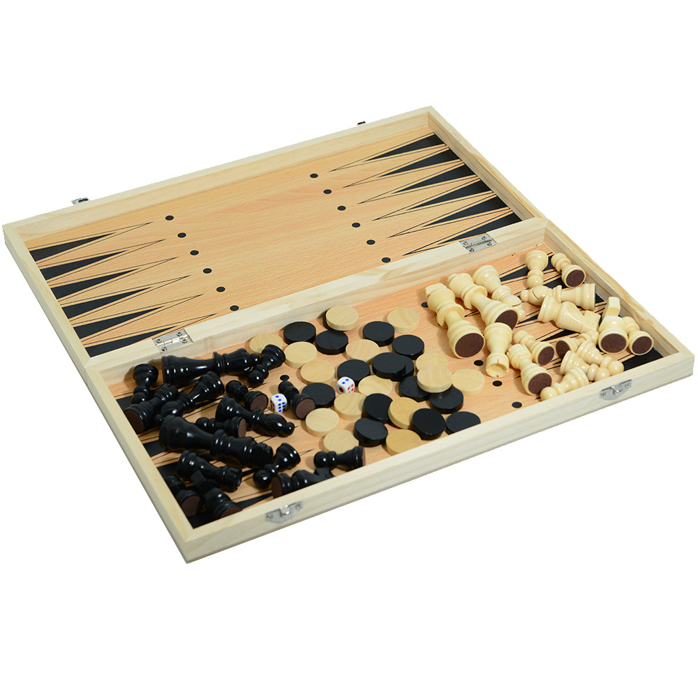 Direct sales from the manufacturer of three-in-one wooden chess solid wood set, foldable portable competitive and educational toys Item Picture