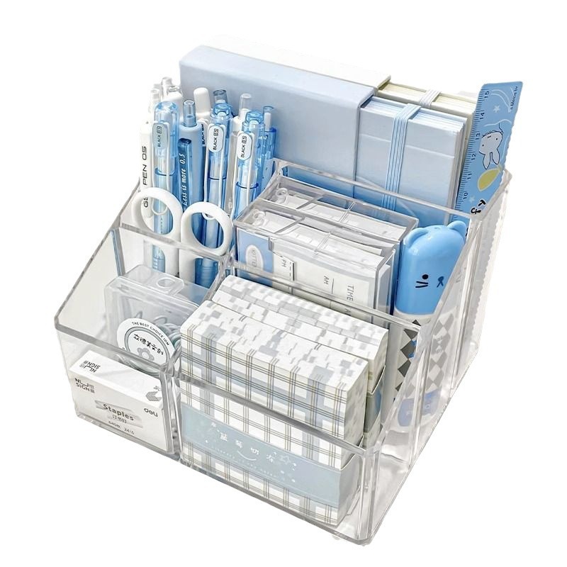 Transparent five-compartment acrylic pen holder, ins high appearance level storage box, desk storage, square plastic pen holder storage Item Picture