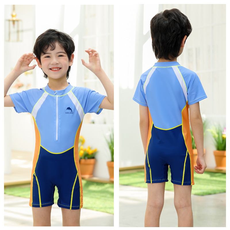 Summer boys' swimsuits, one-piece color matching, quick-drying, medium and large children's swimming swimsuits, little children's baby swimsuits, hot spring children's Korean version Specification image