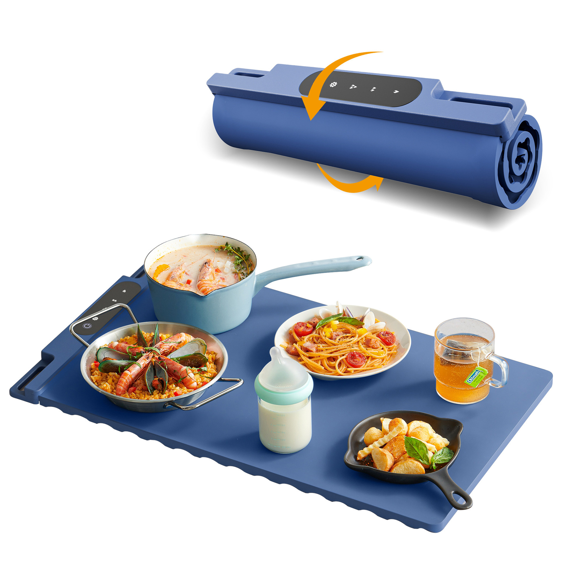 Square warm plate for hot dishes and rice, anti-slip dining table, heating, constant temperature, flexible silicone, rollable and foldable for storage Item Picture