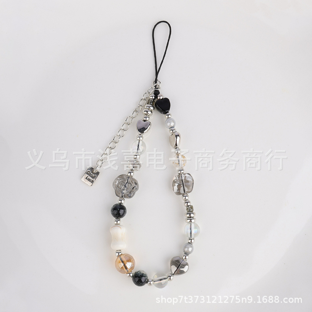 Yu Shuxin's same Instagram black and gray camellia, strawberry and cherry beaded retro mobile phone lanyard, ccd lanyard and camera lanyard details Picture