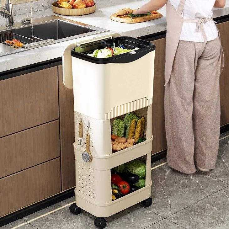 New household kitchen trash can, large size, large capacity, movable, double-layer high, no-bending, multi-functional rack details Picture