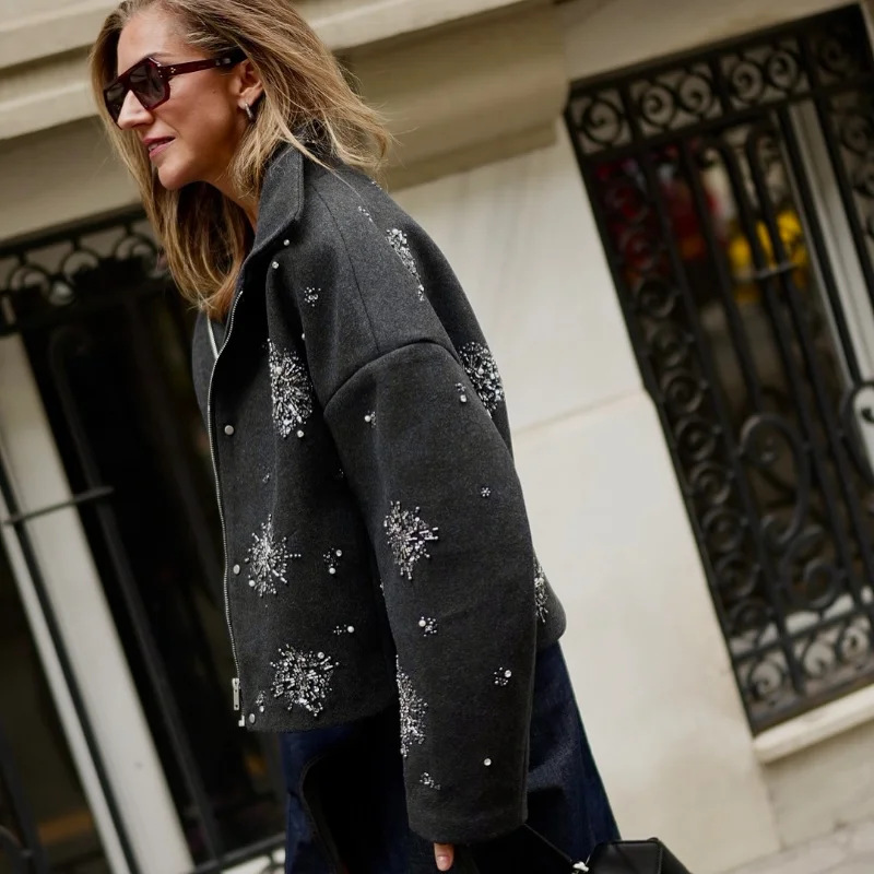 European and American cross-border 2024 Autumn/winter women's jacket, personalized street loose single-breasted stand-up collar floral sequined jacket details Picture