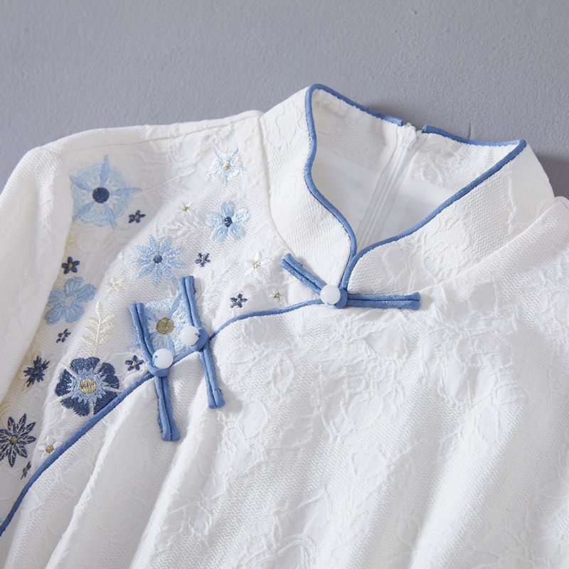 Autumn and winter Chinese-style tea-wearing women's all-cotton jacquard embroidery modified ao dai cheongsam slimming dress Specification image